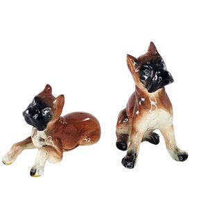 Ceramic Boxer Dog Figurines Set Of 2 Vintage Side Eyeing Each Other